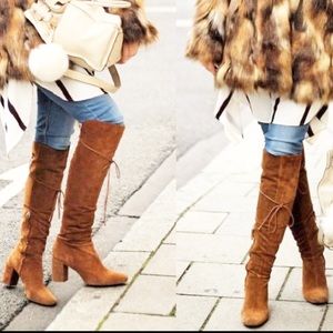 Zara Basic Suede Lace Up Knee Boots Heel Brown